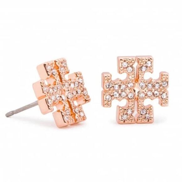 NWOT Tory Burch Rose Gold Logo Shape Pave Stud Earrings - Picture 4 of 6